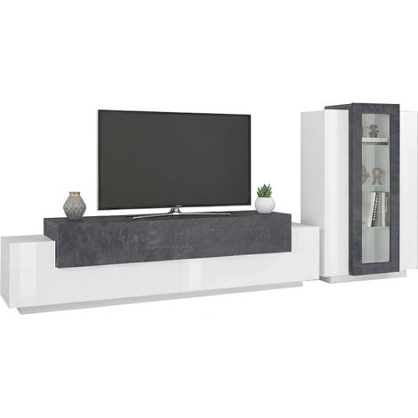 Dmora - Pared Equipada Djazir, Conjunto de salón con soporte TV, Mueble salón polivalente, 100% Made in Italy, cm 280x45h121, Blanco Brillo y Pizarra