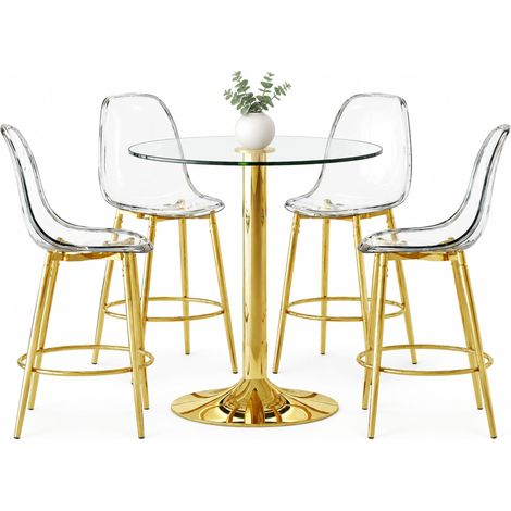 ELVMI Conjunto de Mesa y Sillas de Bar con 1 Mesa Redonda y 4 Taburetes, Vidrio, Metal y Plástico, Dorado Transparente (1/5)