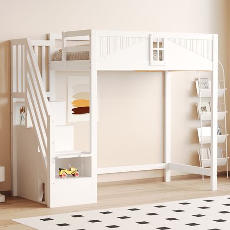 Lit mezzanine 90x200 cm avec fenêtre, rangement latéral, échelle de sécurité, côtés gauche et droit interchangeables blanc(sans matelas) (1/5)