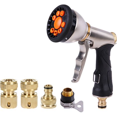 Pistola pulverizadora metálica, boquilla para manguera, 9 funciones, perfecta para jardinería, riego de césped y lavado de coches. (1/5)
