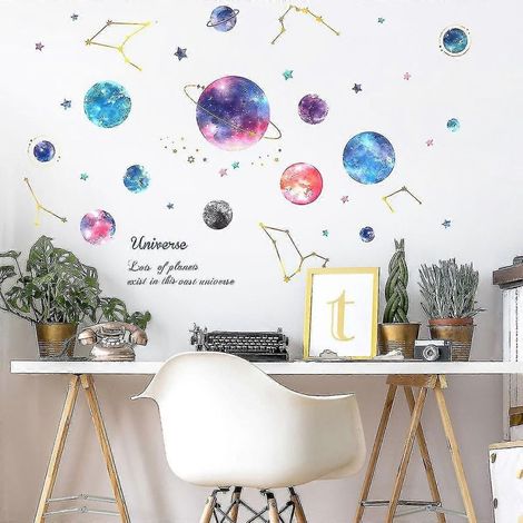 Set aus farbenfrohen und abnehmbaren Planeten- und Sternen-Wandaufklebern zur Dekoration von Schlaf- und Wohnzimmer. (1/5)