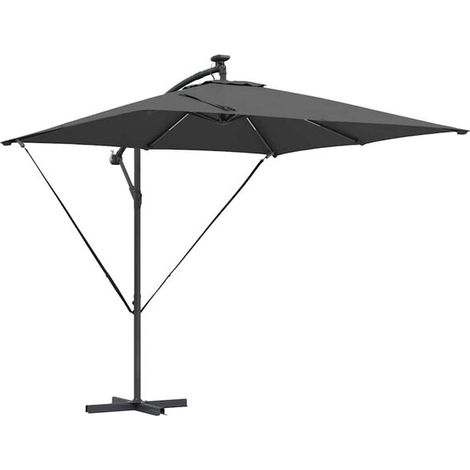 Parasol gris anthracite, mesurant 249 x 249 x 250 cm, en fibre de polyester et aluminium.