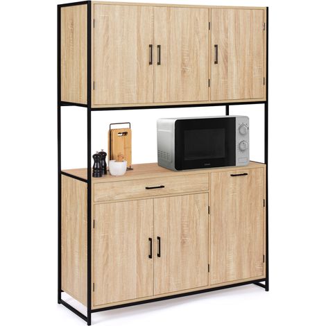 Idmarket – Buffet de cuisine 120 cm – 6 portes – Tiroir L.69 x l.35 x H.7.5 cm – Panneaux mélaminés effet bois et métal noir – Hauteur 176.5 cm