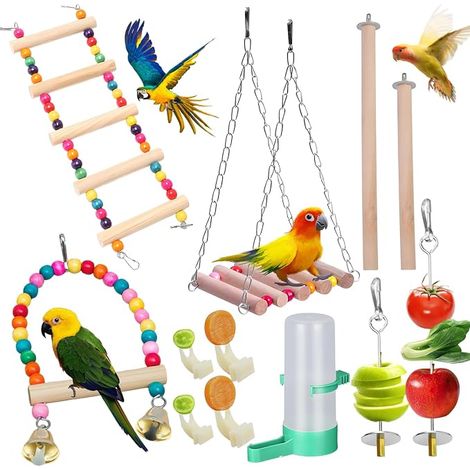Perch Ladder, Swing, Hammock, Feeder  Toy, Cage Accessories, Wood, Hooks and Screws, for Cockatiel, Lovebird, Hamster (1/5)