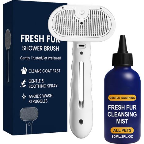 Kit de nettoyage pour poils d'animaux : adoucit et démêle le pelage, laissant les poils doux et soyeux. Toilettage quotidien pour chiens et chats – comprend : 1 brosse de bain et 1 spray nettoyant (60 (1/5)