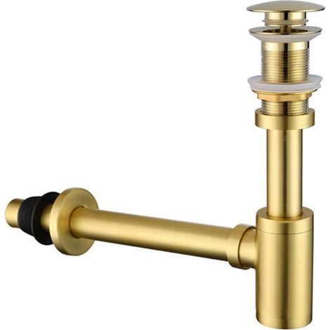 Siphon de bouteille en acier inoxydable pour lavabo de cuisine et salle de bain - Siphon en P - Ensemble complet sans trop-plein - Or brossé (1/5)