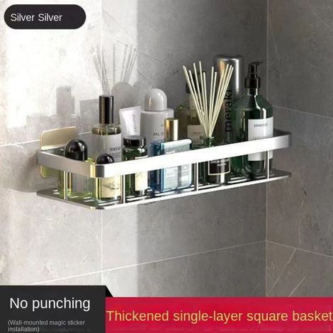 (Silver 1Square) Étagère de rangement pour salle de bain sans perçage, étagère d'angle murale, porte-shampoing pour WC, accessoires de salle de bain (1/5)