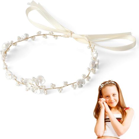 Communion hair accessories for girls, princess flower crown, white pearl headband, flower crown with ribbon, suitable for bridesmaids, accessories (1/5)