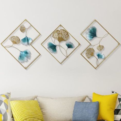 Lot de 3 Mur décoratif Bleu Ginkgo biloba Décoration murale Feuille de ginkgo doré métal mural décor