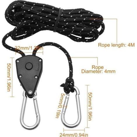 2 pezzi di corda a cricchetto regolabile da 4 m, puleggia a cricchetto nera da 1/8 con 2 ganci di ricambio, tenditore a cricchetto riflettente per lampada, pianta, tenda, escursionismo (1/3)