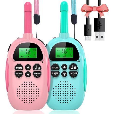 Rechargeable long-range walkie-talkie, outdoor toy for children, 22 channels, with backlit LCD screen, VOX function, flashlight (blue and pink) (1/5)