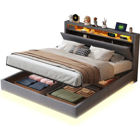 Polsterbett mit Stauraum 160 x 200 cm, Doppelbett mit USB, LED und Wendekopfteil, ohne Matratze, Grau (1/5)
