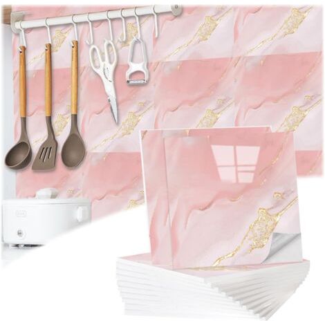 BUNTHAUS Lot de 12 autocollants pour carrelage mural 3D Aspect marbre 30 x 30 cm Imperméable et anti saleté 4 couleurs Pour salle de bain, cuisine, salon Rose (1/5)