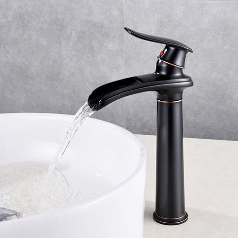 Robinet Lavabo Cascade Laiton Massif Style Antique Européen Mitigeur pour Vasque à Poser Salle de Bain Noir Antique avec Flexible d'Arrivée d'Eau-lsw