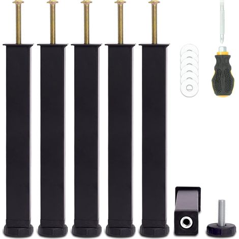 Foot of Bed Base, Legs for Universal Slatted Base  Height: 25 cm (+2 cm) Adjustable  Design: Black Metallic  Square: 3 x 3 cm  With Bolts M8 x 60 mm  For Frames with Pre-Drilled Holes  Pack of 6 (1/5)