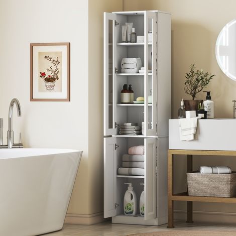 Meuble salle bain 6 niveaux 4 portes fermeture douce étagères blanc. Meuble de salle de bain pour vos rangements, confortable et design. (1/5)