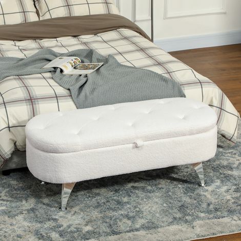 Banc avec rangement, couloir, chambre, couvercle et pieds métalliques pour salon, blanc