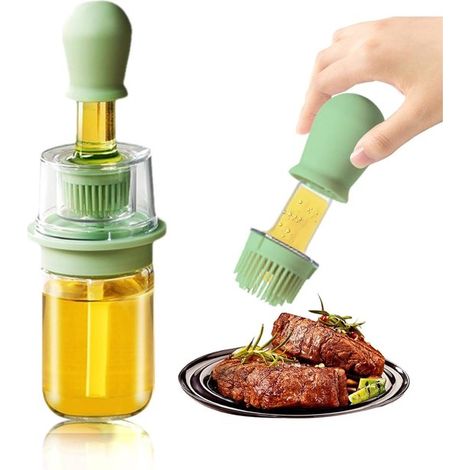 Botella dispensadora de aceite 2 en 1 de 180 ml con cepillo de silicona para barbacoa, freír, hornear, hacer panqueques, verde (1/5)
