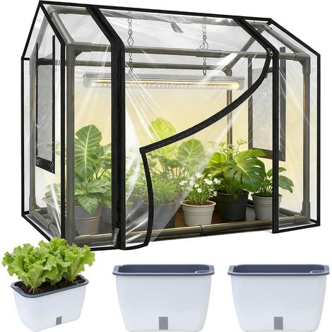 2 in 1 Plant Kit with 2 Pots Mini PVC Greenhouse 60 x 40 x 50 cm with Zip Doors and Windows Transparent Insulating Plant Cover for Garden Balcony (1/5)