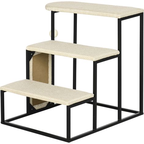 Griffoir escalier chat 3 marches balle jeu acier sisal blanc crème noir 51x54x53 cm