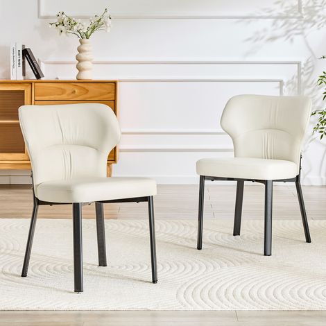 Set di 2 sedie da pranzo imbottite in PU, schienale ergonomico curvo, gambe in metallo nero, adatte all'uso quotidiano, beige (1/5)