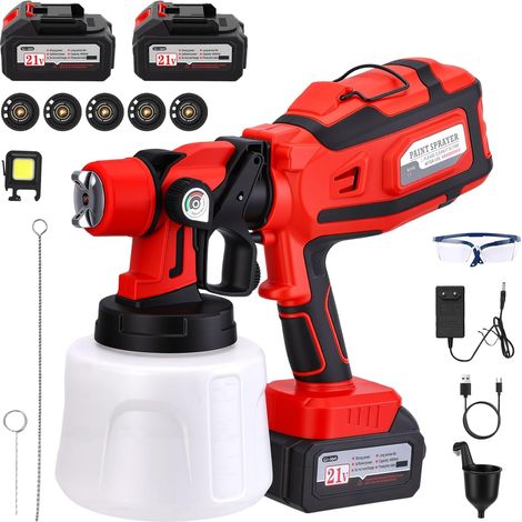Farbsprühsystem, Pistolet à Peinture sans Fil 200W, Pistolet Peinture Electrique avec 2 Batteries 21V 4000mAh et Réservoir de 1.4L, 5 Buses (1/5)