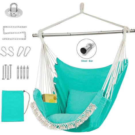 Chaise hamac suspendue avec poche, barre de support amovible en acier, capacité de 226,8 kg, chaise hamac en coton tissé, 2 coussins doux pour intérieur et extérieur, vert (1/5)