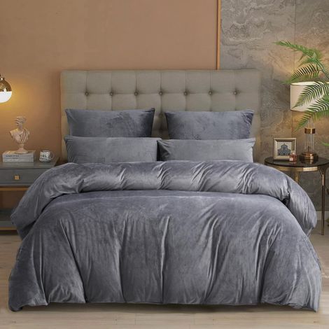 Housse de Couette Flanelle 200x200 Hiver Chaude Gris Polaire Parure de Lit Flanelle Doux Douillet Duveteux Linge de Lit 2 Personne avec Fermeture Éclair et Taies d'oreiller 65x65 cm