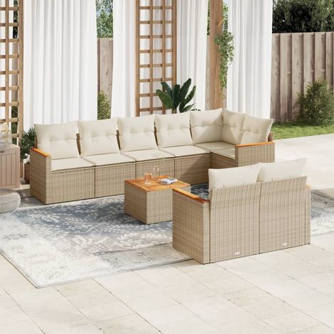 Ensemble de jardin 9 places en résine tressée beige avec table acacia et coussins lavables - Salon extérieur modulaire avec rangement intégré (1/5)