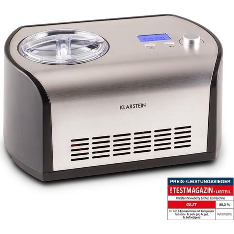Klarstein Snowberry & Choc - Eismaschine, Speiseeismaschine, Eisbereiter, 135 Watt, 1,2 Liter Fassungsvermögen, Kühlhaltefunktion, Timer, Zubereitungszeit: 30-40 min, silber