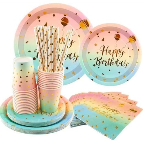 125 pièces vaisselle jetable, blanc or, assiettes 17,8 cm et 22,9 cm, gobelets, serviettes, pailles, fête enfant