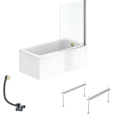 IDEAL STANDARD Connect Air 150 x 80 cm, conjunto de bañera/ducha derecha + delantal + mampara fija + patas + desagüe (Oro)
