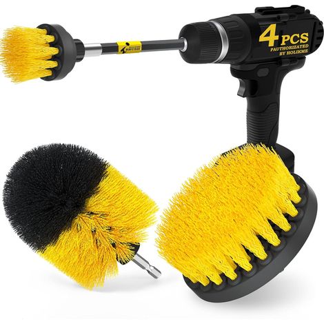 4 pièces Brosse Perceuse Nettoyage Brosse Carrelage pour Voiture Carrelage Tapis Baignoire Cuisine Toilettes(Jaune, 4 pièces) (1/5)
