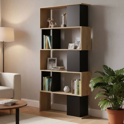 Dmora Libreria con cinque ripiani asimmetrici, colore rovere e nero, Misure 80 x 175 x 29 cm, con imballo rinforzato (1/5)
