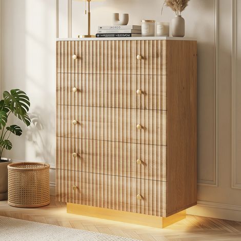 Commode 5 tiroirs avec LED ,commode indépendante, buffet, motif rayé, 73 x 40 x 111 cm, chambres, salon, MDF