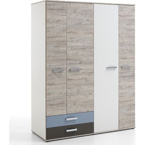 Kleiderschrank LEEDS-10 mit 4 Türen und 2 Schubkästen, Sandeiche Nb./weiß/Lava/Denim, B x H x T ca. 149,5 x 193 x 59,7 cm (1/5)