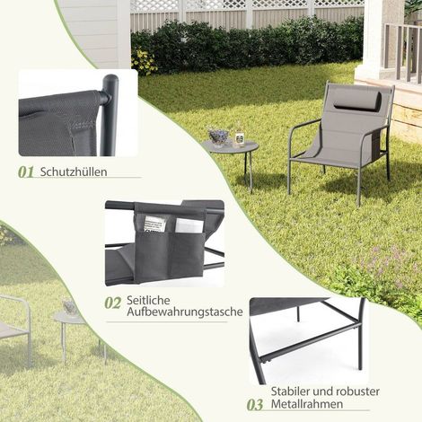 Set di mobili da balcone 3 pezzi set mobili da giardino con 2 sedie e tavolo set da balcone con seduta in tessuto traspirante grigio