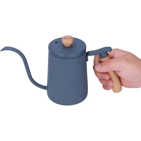Bouilloire à filtre à café 600 ml, col de cygne, trou d'aération, poignée en bois, acier inoxydable de qualité alimentaire, bouilloire ergonomique à col de cygne, bleue (1/5)