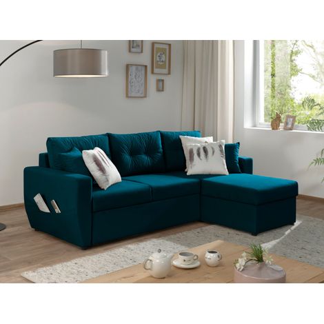 Bestmobilier – Canapé d'angle convertible réversible 4 places – Coffre de rangement – Velours bleu canard – Dimensions L226xH85xP146 cm (1/5)