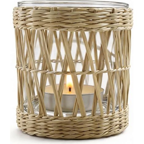 Guirlande de bougeoirs en macramé, photophores, bougeoirs décoratifs, style vintage, en paille, beige, décoration bohème, balcon, pour bougies, fleurs séchées et décoration, 1 pièce 8,5 x 7,5 cm (1/5)
