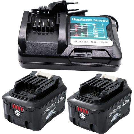 Powerwings – Pack de 2 batteries lithium 12V 4.0Ah avec chargeur DC10WD – Compatible Makita BL1041B, BL1016, BL1021B, DF031D – Temps d'utilisation 2h (1/5)