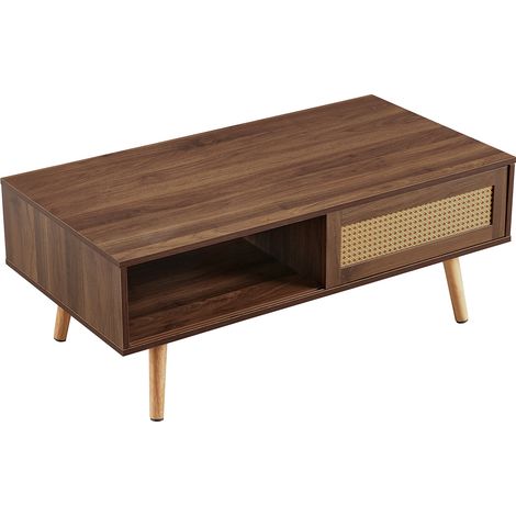 Table basse tressée en rotin, table à thé avec portes coulissantes, pieds en bois massif, table de salon moderne, bois noyer foncé-H40/B1050/T55 cm