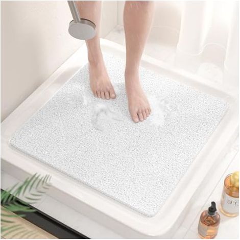 Tapis de Douche Antidérapant 60x60 cm sans Ventouses, Paillasson de Bain en PVC Souple à Séchage Rapide, Drainage Efficace pour Salle de Bains et Baignoire, Blanc (1/3)