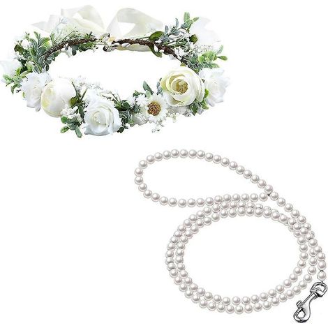 Ensemble collier et laisse pour chien avec perles et nœuds décoratifs pour mariage. (1/5)