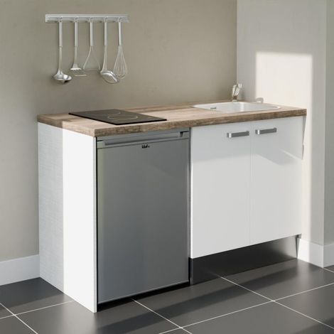 Kitchenette K17L-PT - 140 cm - plan stratifié, évier inox, - Façade Blanc - Plan Bois - Evier Inox - Crédences Non + Electroménager inclus coloris Inox