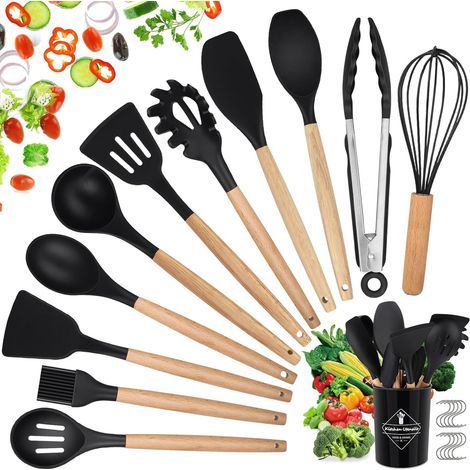 Kit d'Ustensiles de Cuisine en Silicone et Bois,22 PCS Accessoire Cuisine Set sans BPA, Ustensiles Cuisine Antiadhésive Set avec Pot de Rangement, Noir 01