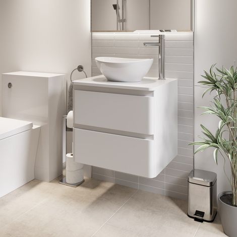 600mm Bathroom Countertop Vanity Unit Oval Basin Sink Wall Hung White Gloss (1/5)