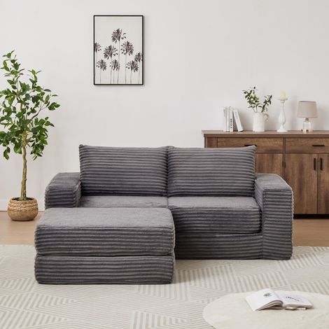 Canapé Modulaire 2 Places – Velours Côtelé, avec 2 Coussins, Accoudoirs Carrés Classiques et Pouf Détachable – Design, Gris (1/5)