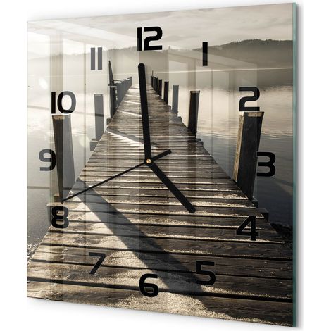 Horloge Murale Carrée Verre Trempé Silencieuse Décorative Salon Chambre Pont en bois 30x30 cm (1/5)