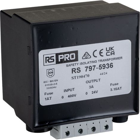Transformateur rail DIN, Vin 400V c.a., Vout 24V c.a., 72VA, sorties ( Prix pour 1 ) (1/3)